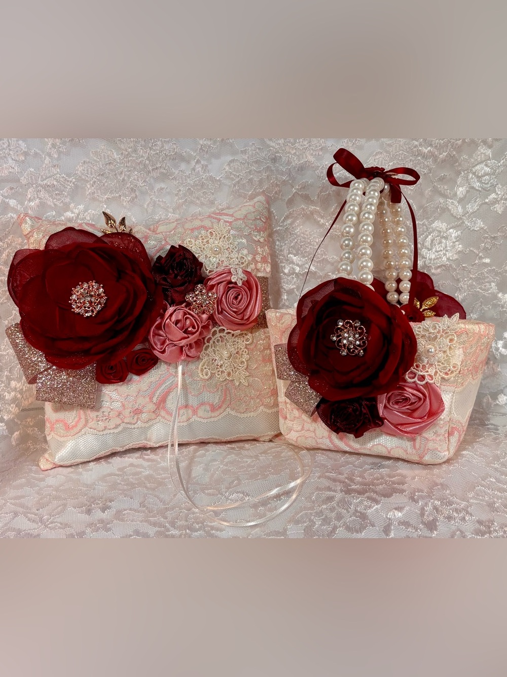 💐 Rose Gold Burgundy Rose Blush and Ivory Ring Pillow and Flower Basket Set